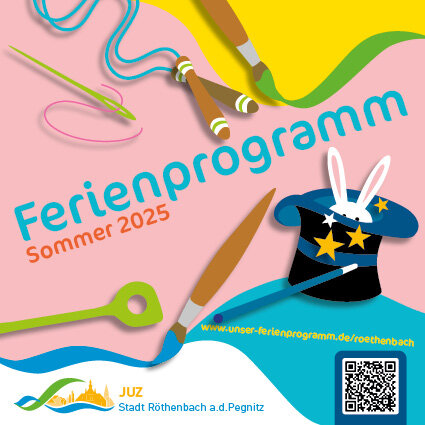 Titelseite Flyer Ferienprogramm JuZ Röthenbach mit QR-Code