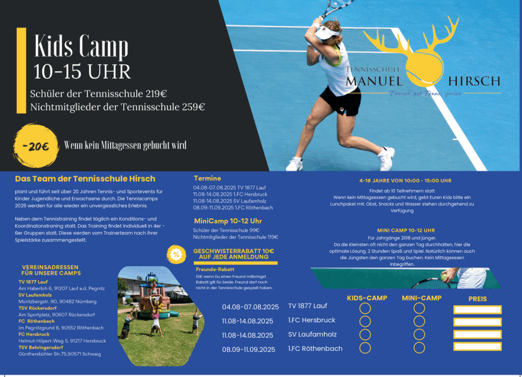 Anmeldeflyer für die Kids-Camps 2025 der Tennisschule Manuel Hirsch